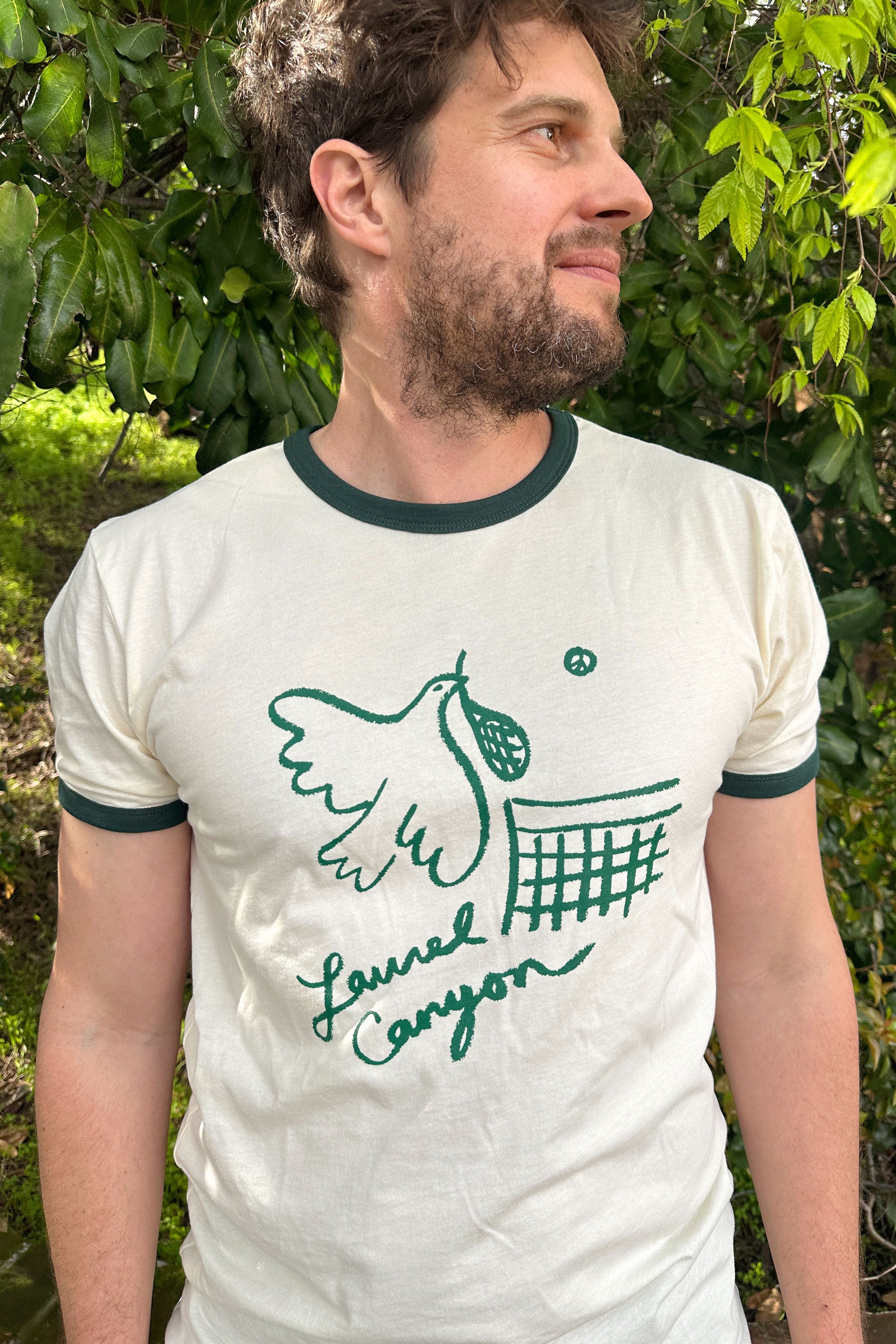 Unisex Laurel Canyon Peace Dove Tennis Ringer Tee in Cream / Dark