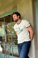 Load image into Gallery viewer, Unisex Laurel Canyon Peace Dove Tennis Ringer Tee in Cream / Dark Green