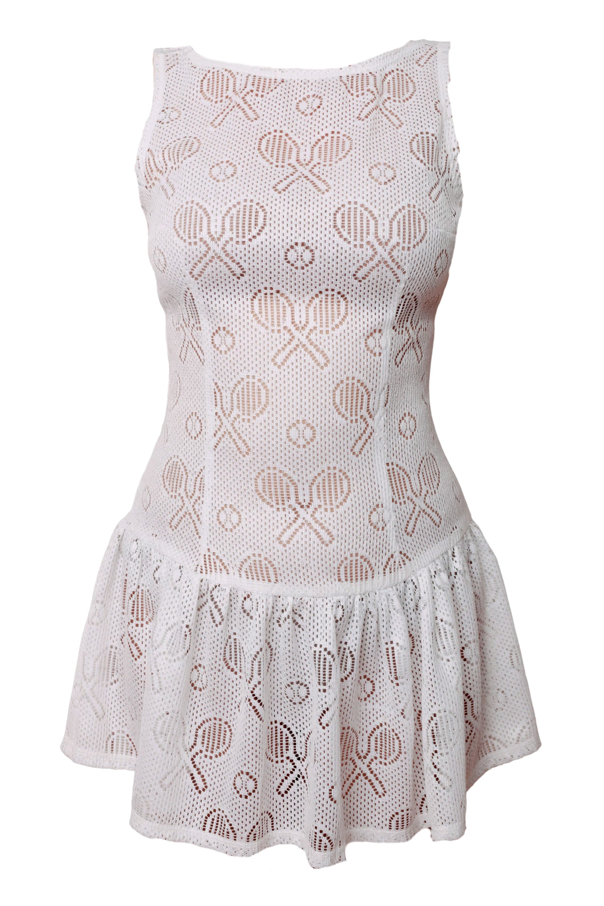 White Lace Tennis Dress with Vintage Drop-Waist Silhouette M